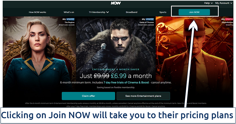 Screenshot of NOW TV interface, showing the signup button