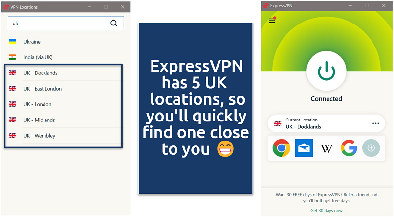 Screenshot of ExpressVPN app, showing UK servers and connected to a Docklands server