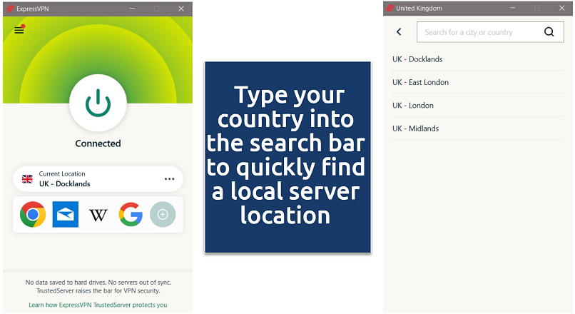 Screenshot of ExpressVPN app, showing UK servers and connected to a UK Docklands server
