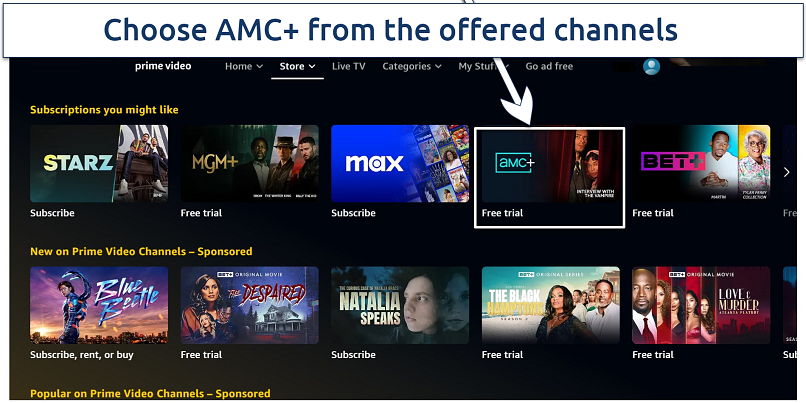 Screenshot of the Amazon Prime Video channels, with AMC+ channel visible