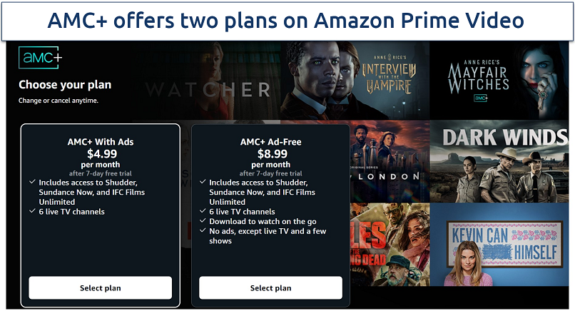 Screenshot of AMC+ channel pricing plans on Amazon Prime Video
