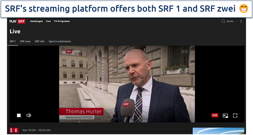 Screenshot of Play SRF streaming platform, with a live stream playing