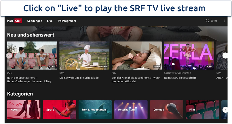 Screenshot of Play SRF streaming platform interface