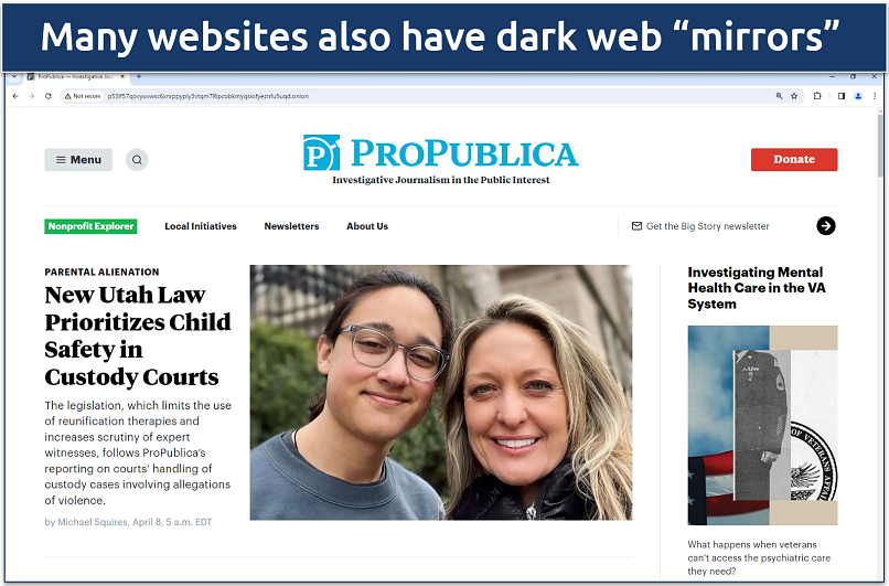 Скриншот сайта ProPublica в даркнете