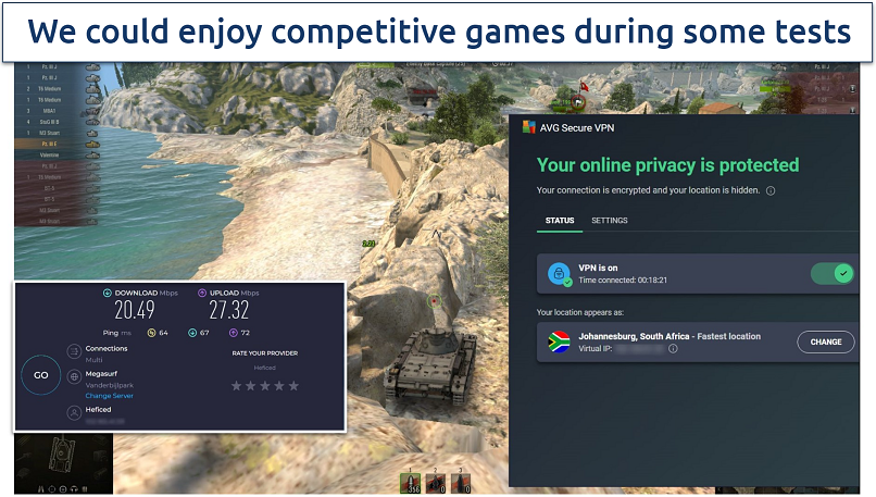 Screenshot of World of Tanks being playing while connected to AVG Secure VPN's South Africa server