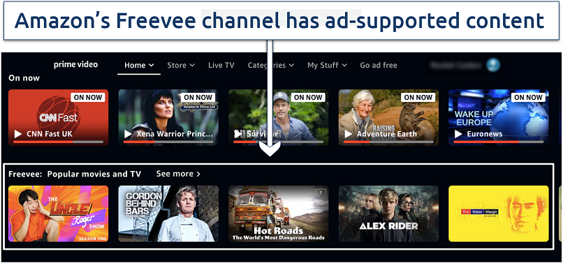 Screenshot of Amazon Prime Video UK, showing the Freevee channel