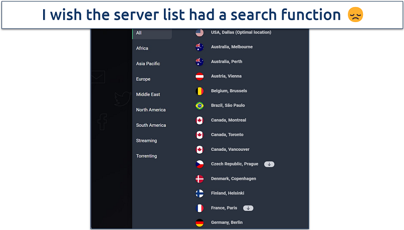 Screenshot of AVG Secure VPN's server list in the Windows application