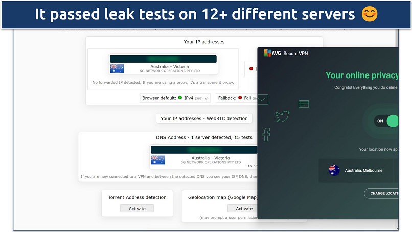 Screenshot of AVG Secure VPN concealing our location during a leak test on ipleak.net while connected to its Melbourne server 
