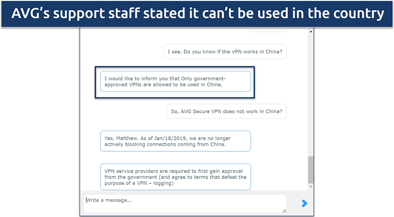 Screenshot of a conversation with AVG's support staff through its 24/7 live chat where they claim it can't be used in China 
