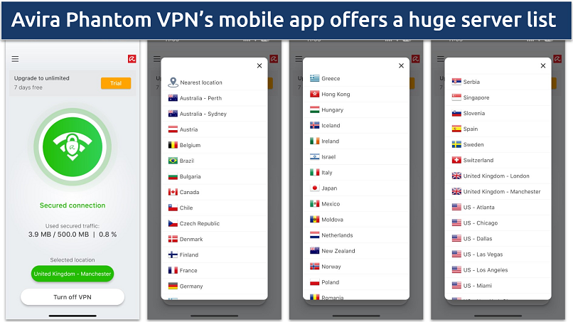 Screenshot of Avira Phantom VPN mobile iOS app showing server network