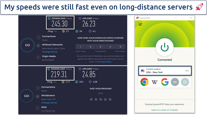 Screenshot of ExpressVPN's speed test results when connected to long-distance US server from the UK