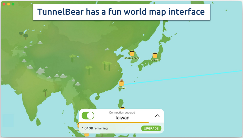Screenshot showing the TunnelBear app connecting to a server in Taiwan