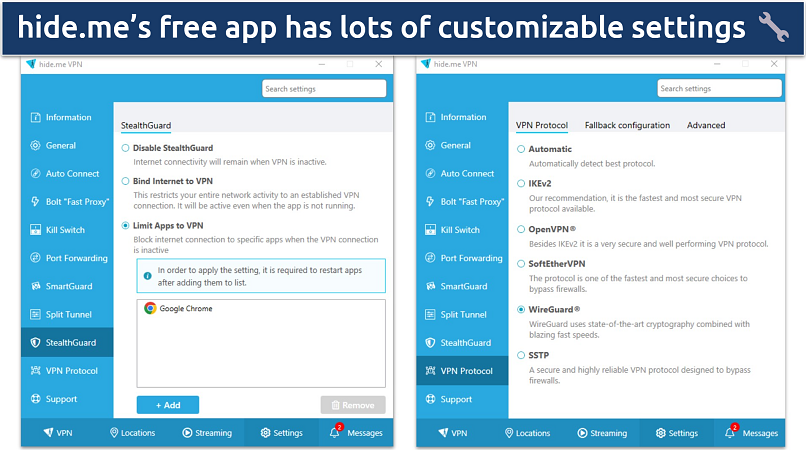 Screenshot of hide.me free VPN app's setting showing customizable settings