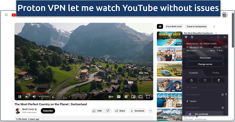 Screenshot of YouTube streaming with Proton VPN connected