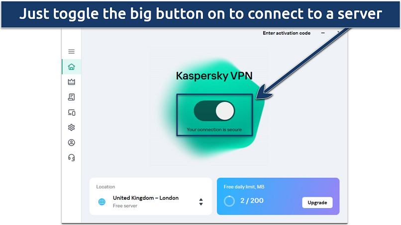 Screenshot of Kaspersky Secure Connection VPN's free Windows app