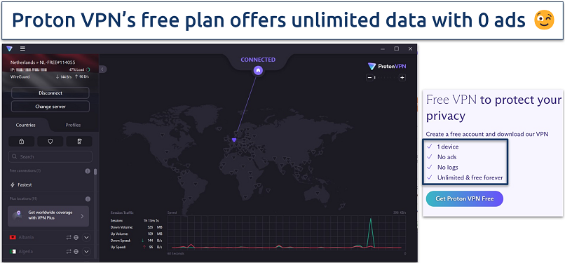 Screenshot of Proton VPN's free app on Windows and unlimited data offer on free plan