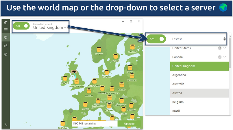 Screenshot of TunnelBear's free Windows VPN app showing server map and drop-down list