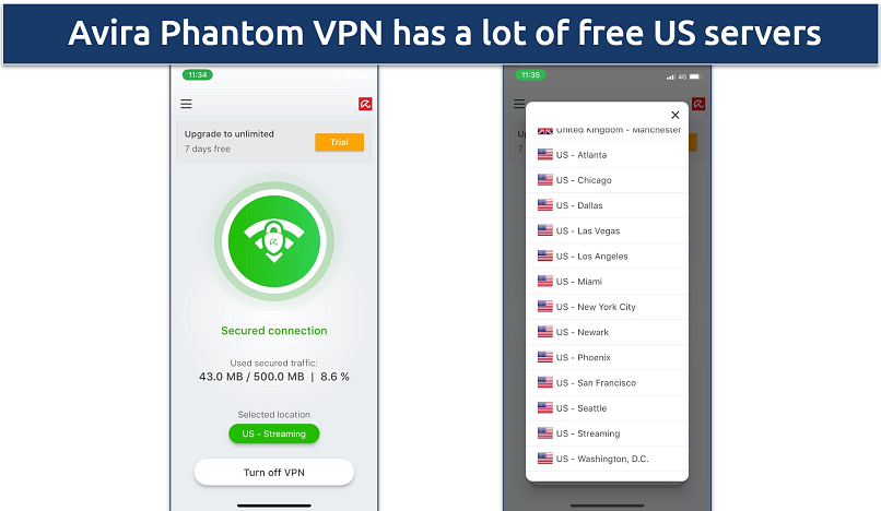 Screenshot of the free US servers list in the Phantom VPN app