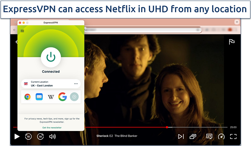 Screenshot of Sherlock streaming on Netflix UK with ExpressVPN connected