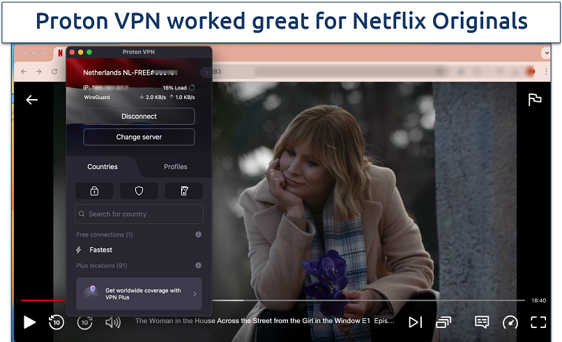 Screenshot of The Woman in the House Across the Street from the Girl in the Window streaming on Netflix Netherlands with Proton VPN connected