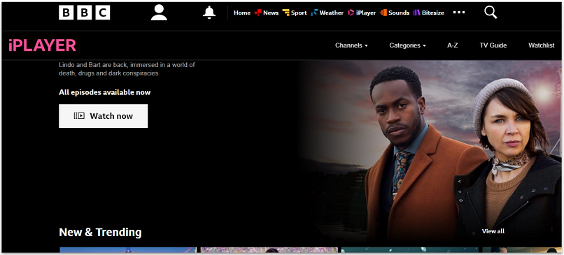 Screenshot showing the BBC iPlayer homepage