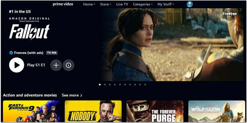A screenshot showing the Amazon Freevee platform homepage