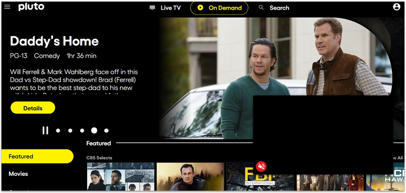 A screenshot showing the Pluto TV homepage