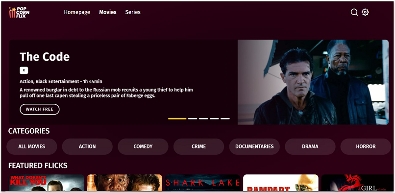 Screenshot showing the Popcornflix homepage