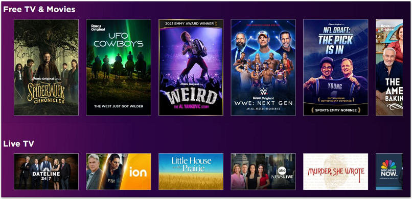 A screenshot showing the Roku Channel homepage