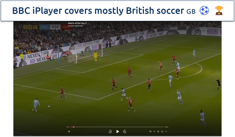 A screenshot showing a soccer match on BBC iPlayer