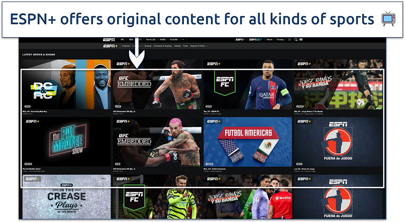 A screenshot showing ESPN+ Originals web page