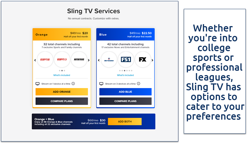 A screenshot showing Sling TVs subscription page