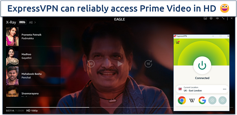 A screenshot of Eagle streaming on Prime Video with ExpressVPN connected to a UK server