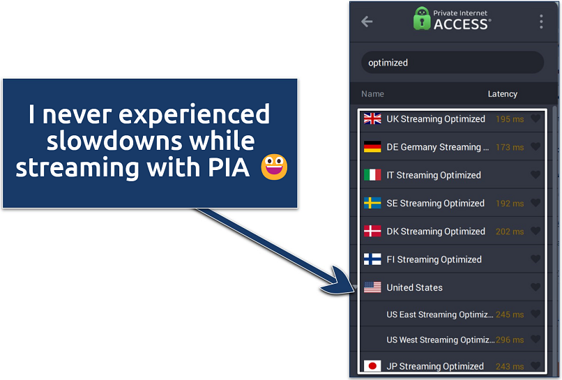 Screenshots of PIA's server list showing the servers optimized for streaming