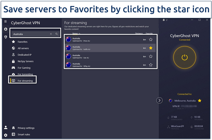 A screenshot of the CyberGhost Windows app with its Australian streaming servers highlighted