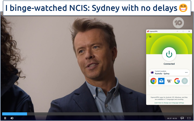 A screenshot of streaming NCIS: Sydney on 10Play while connected to ExpressVPN's Sydney server