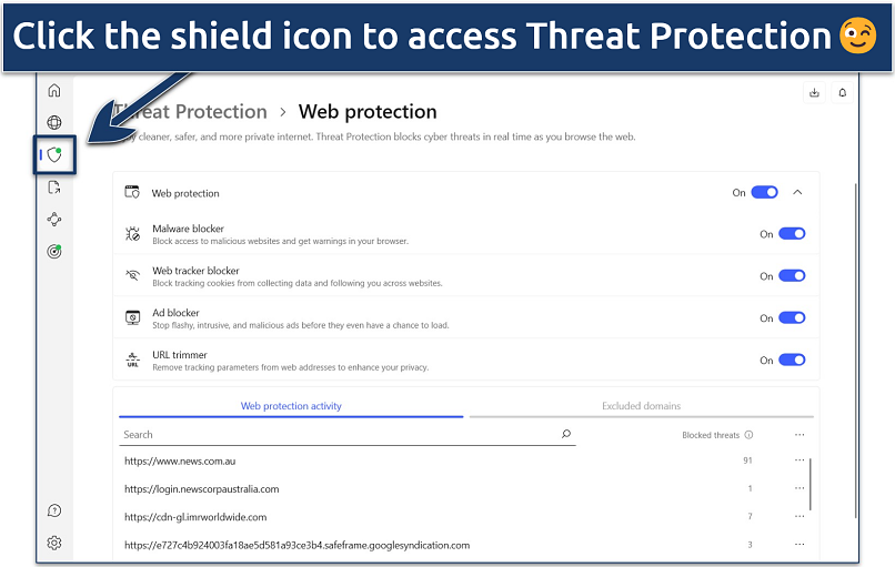 A screenshot of NordVPN's Windows app showing its Web protection feature with its customizable settings