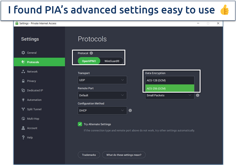 A screenshot of the PIA Windows app with its Protocols settings showing