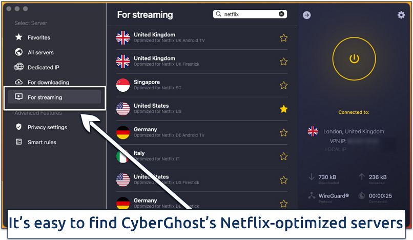 Screenshot of CyberGhost's list of servers optimized for streaming Netflix