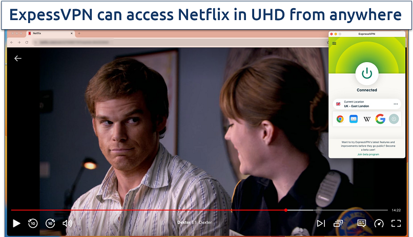 Screenshot of Dexter streaming on Netflix UK with ExpressVPN connected