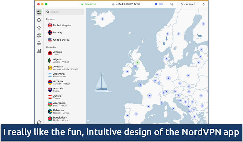 Screenshot of the interactive map and the server list in the NordVPN app