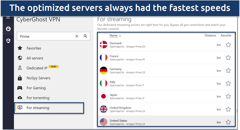 A screenshot of CyberGhost's app showing the optimized server for APV