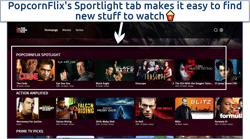 A screenshot showing PopcornFlix Spotlight feature