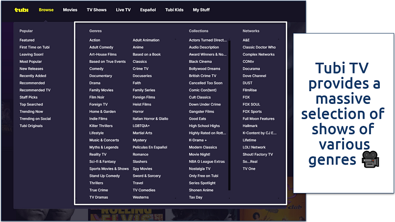 A screenshot showing Tubi TV's huge selection of content