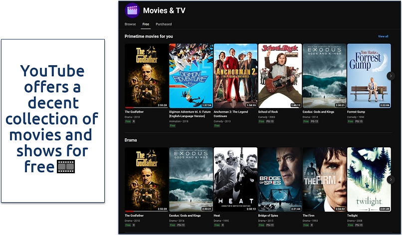 A screenshot showing YouTube's Movies & TV section.