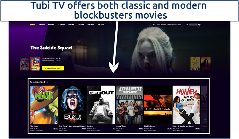 A screenshot showing Tubi TV's home page
