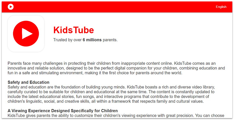 A screenshot showing the KidsTube app information page
