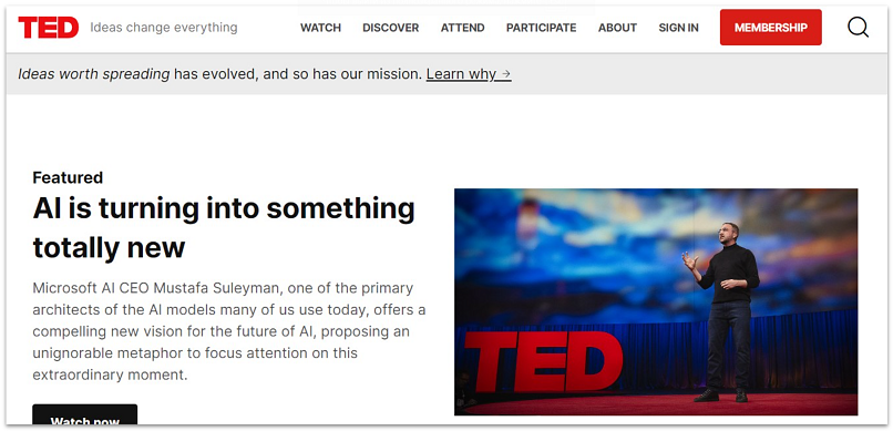 A screenshot showing the TED content homepage