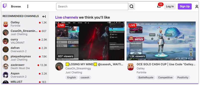 A screenshot showing the Twitch platform homepage
