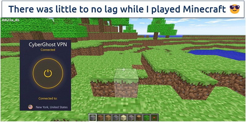 Screenshot of Minecraft being played while connected to CyberGhost US server